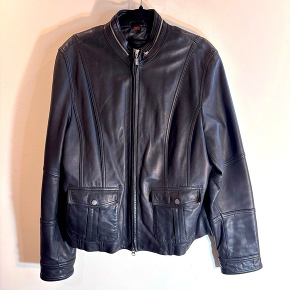 Danier Jackets & Blazers - DANIER Sz XL Funnel Neck with Zipper Black Leather Jacket with Pockets Lined